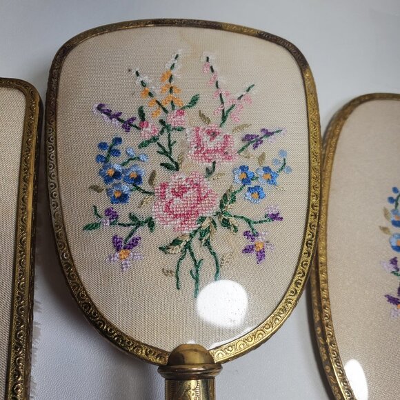 Vintage Petit Point Vanity Set 3-Piece Mirror & Brush Set (Made in England) - Picture 10 of 13